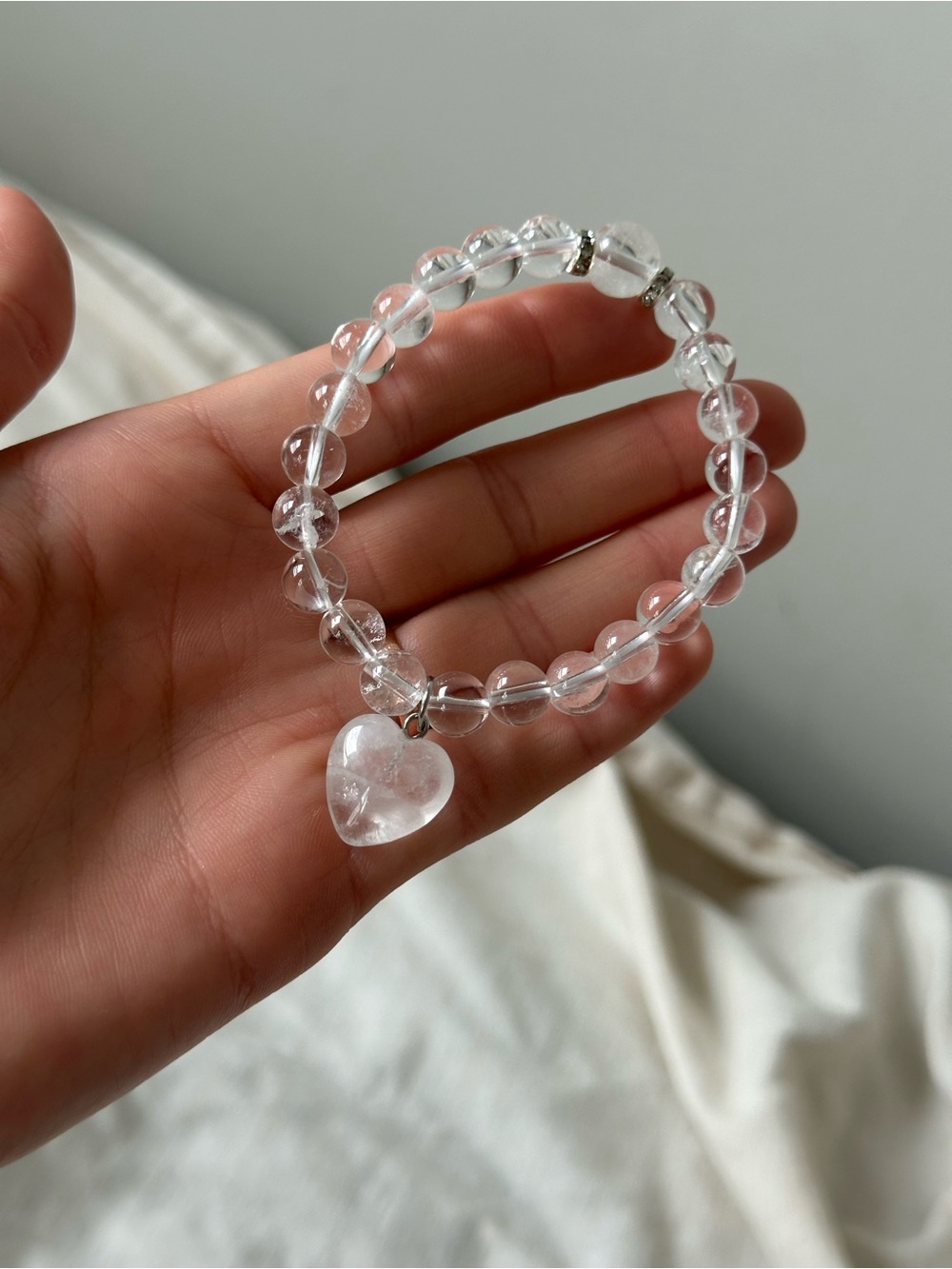 Clear Beaded Bracelet with Heart Charm - Crystal Look